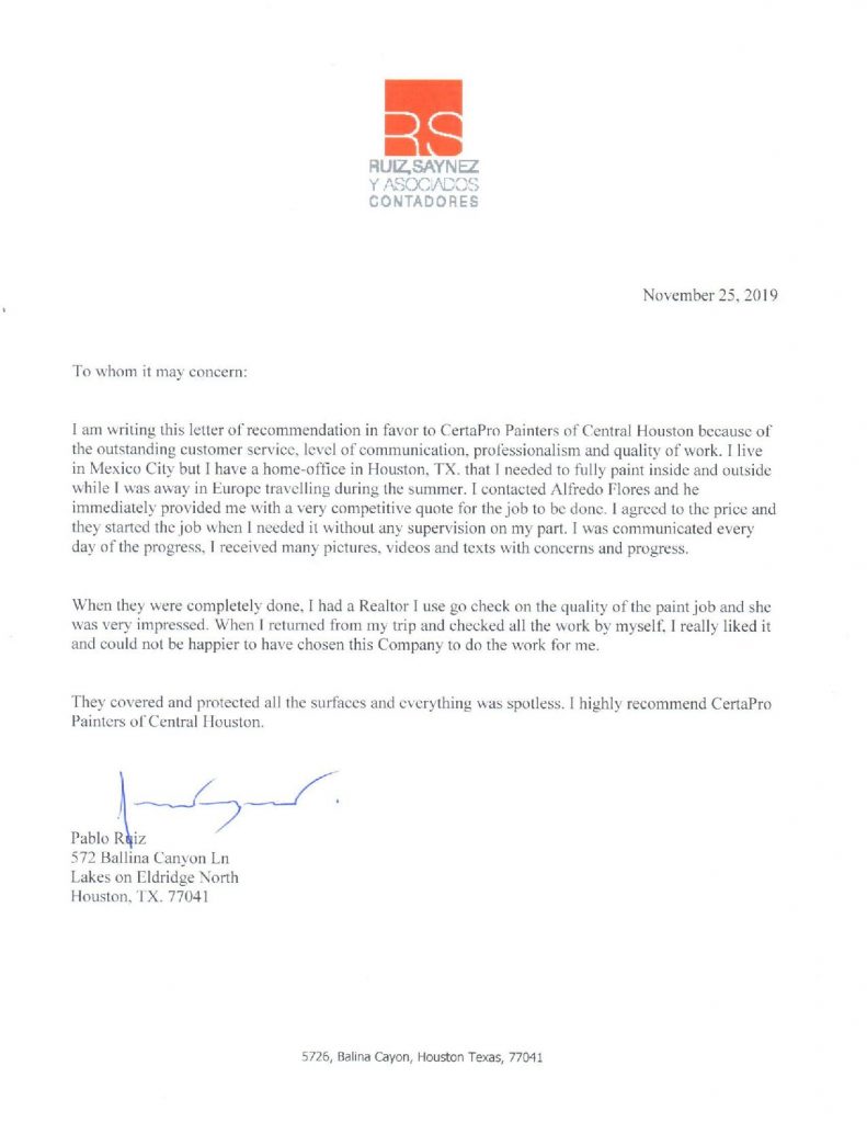 CertaPro Painters of Central Houston Letter of Recommendation