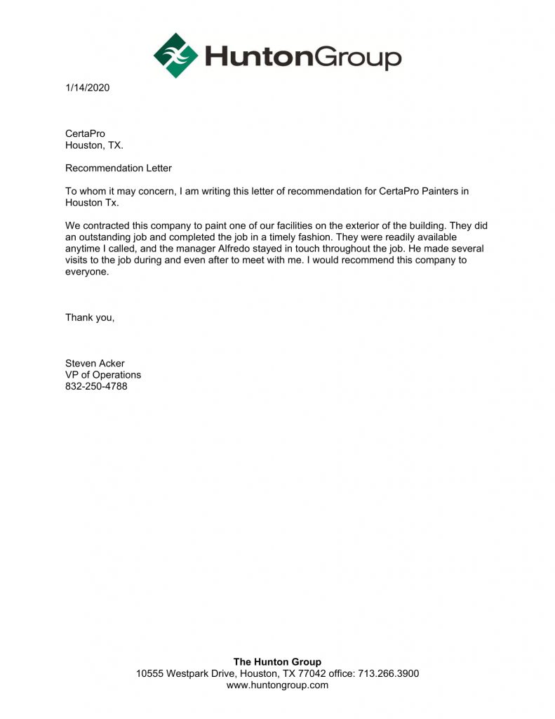 CertaPro Painters of Central Houston Letter of Recommendation