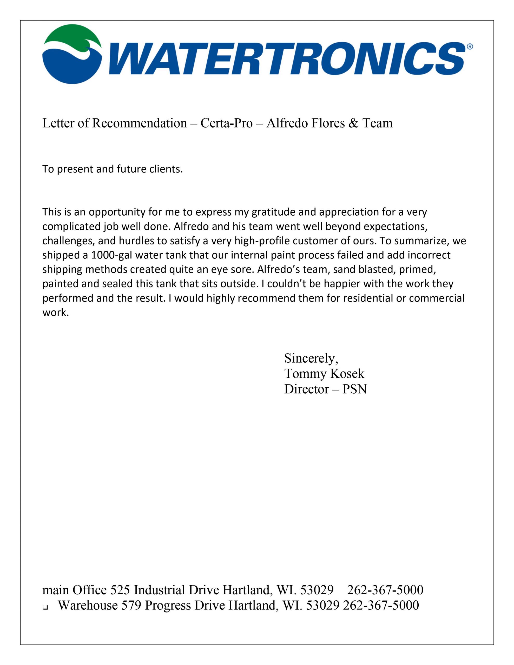 Letter of Recommendation for CertaPro Painters of Central & Northeast Houston