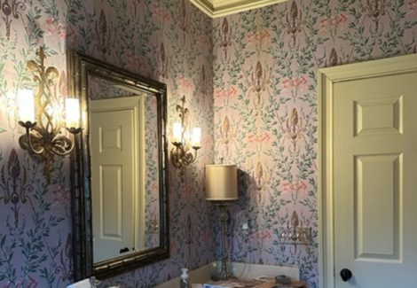 photo of powder room in bedminster with old wallpaper