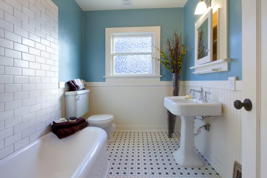 blue walled bathroom