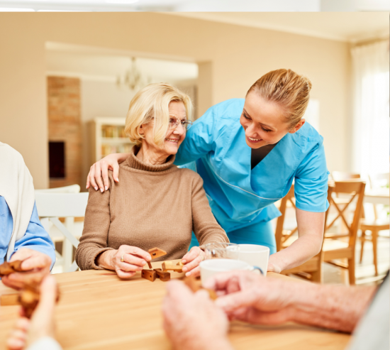 patient and nurse in senior care facility