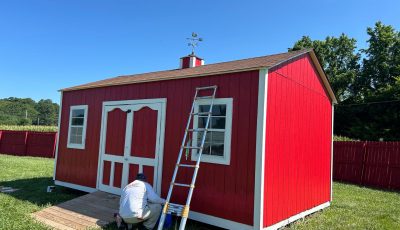 ladder against red shed being painted by painter