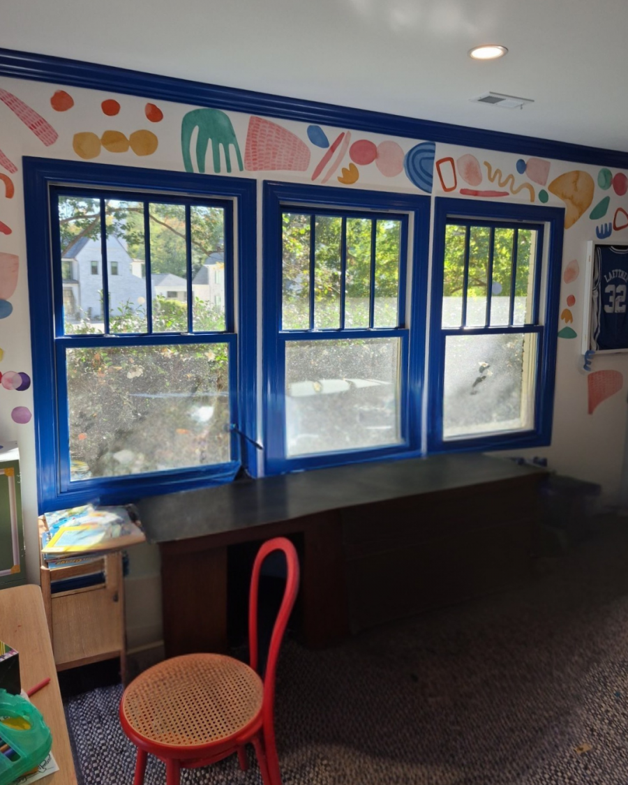 blue painted window trim in play room