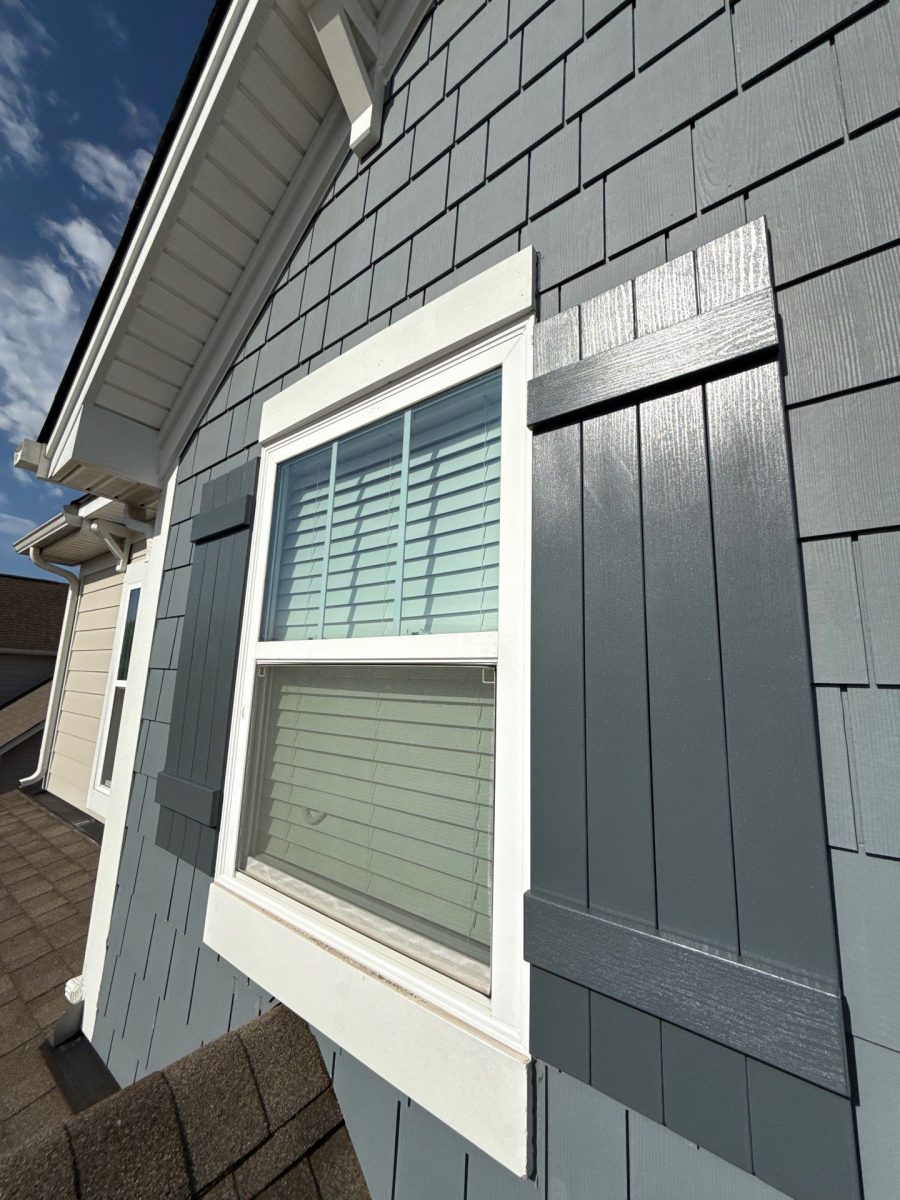 dark grey blue painted house exterior with wooden shutters Preview Image 1