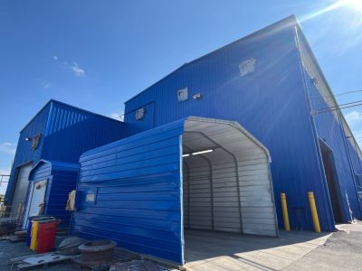 blue painted industrial facility