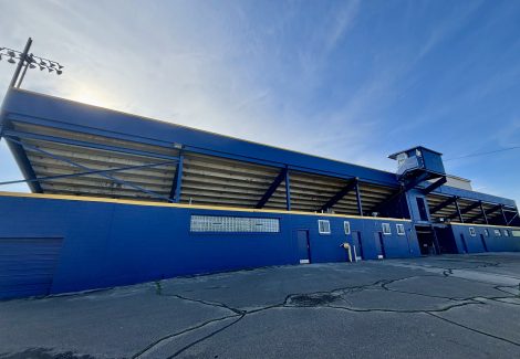 back of painted high school football stadium seating stands