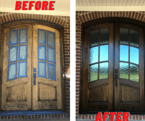 Before and After photo of door staining in Clayton NC 