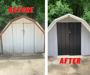 Before and after photo of a shed painting project in Clayton NC