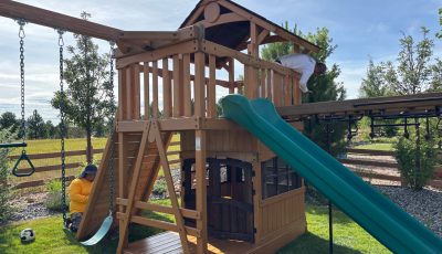 playscape structure with slide and swings