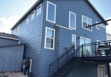 rear of blue painted house