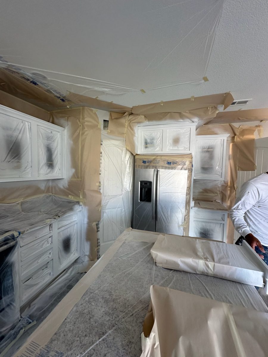 kitchen cabinets with protective coverings during painting Preview Image 3