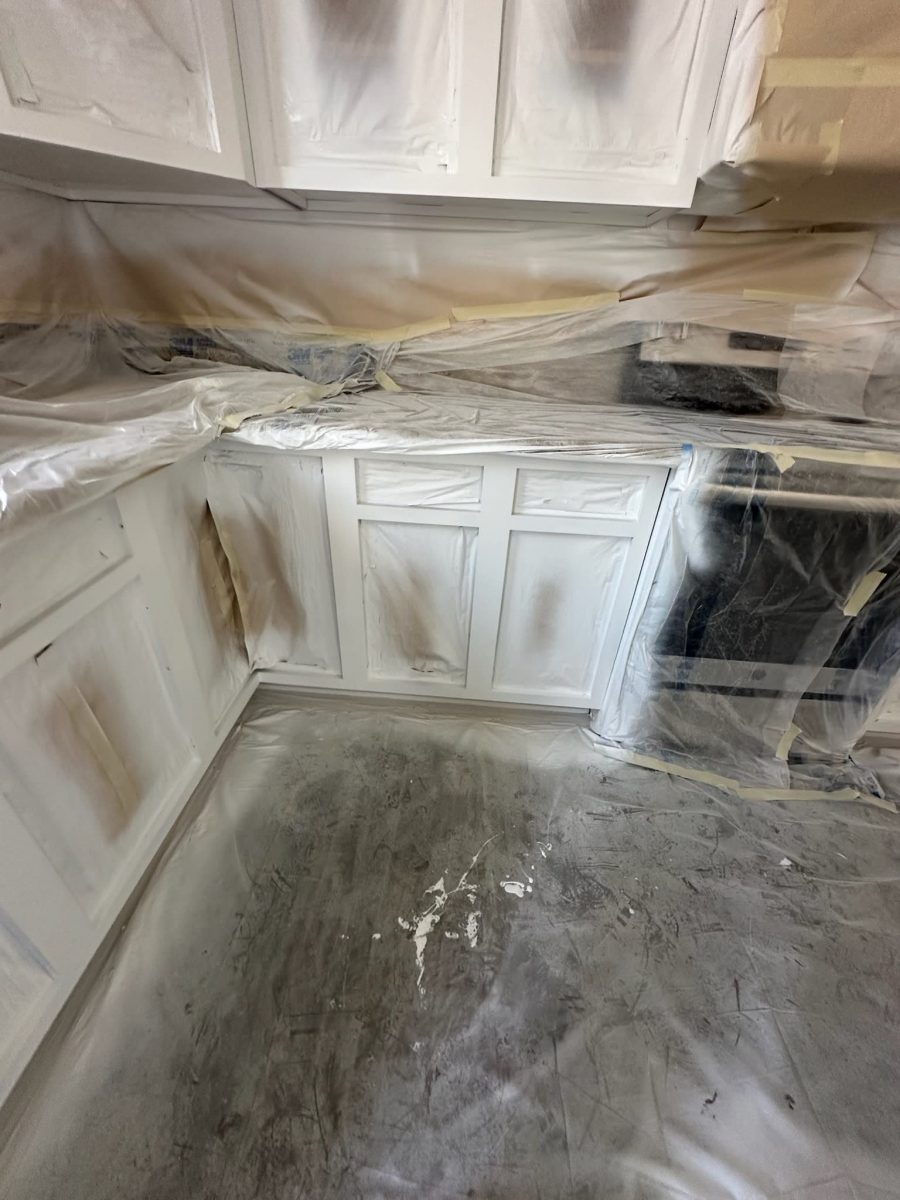 kitchen cabinets with protective coverings during painting Preview Image 5