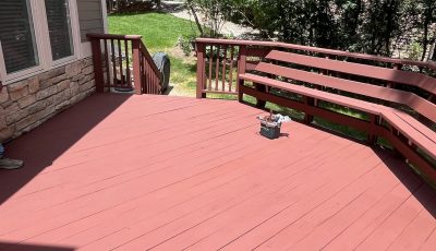 stained deck with built in bench