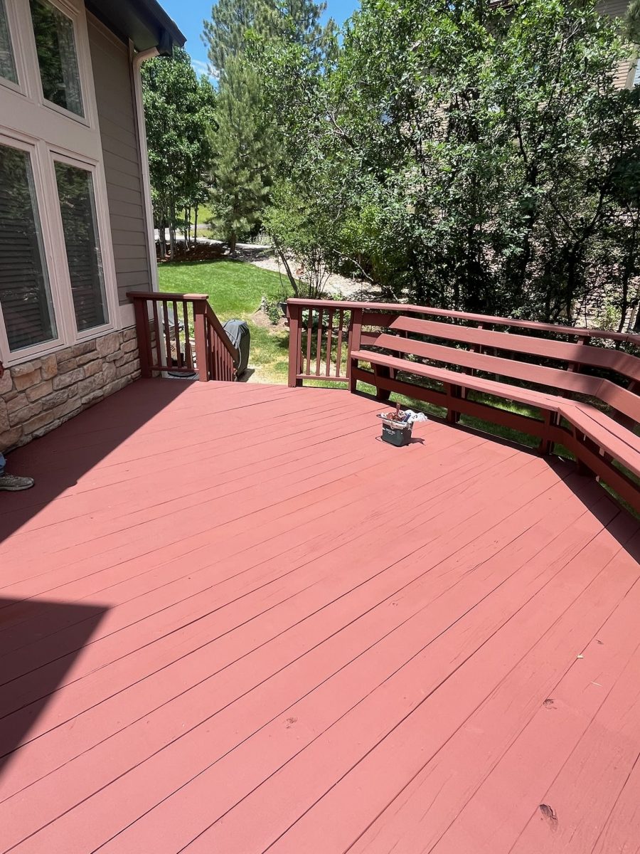stained deck with built in bench