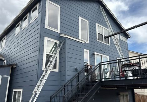 ladder leaning against house with blue siding