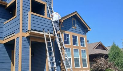 painters with ladders working on outside of home