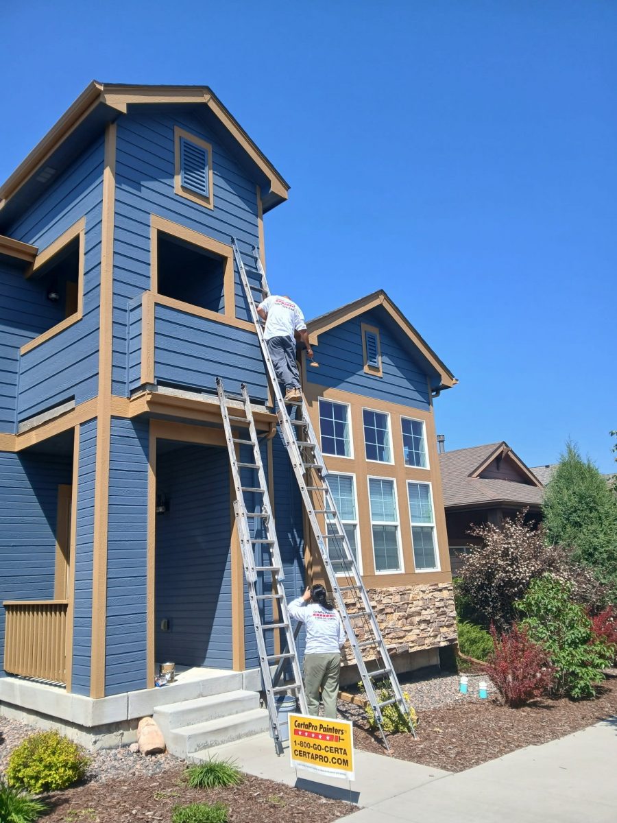 painters with ladders working on outside of home