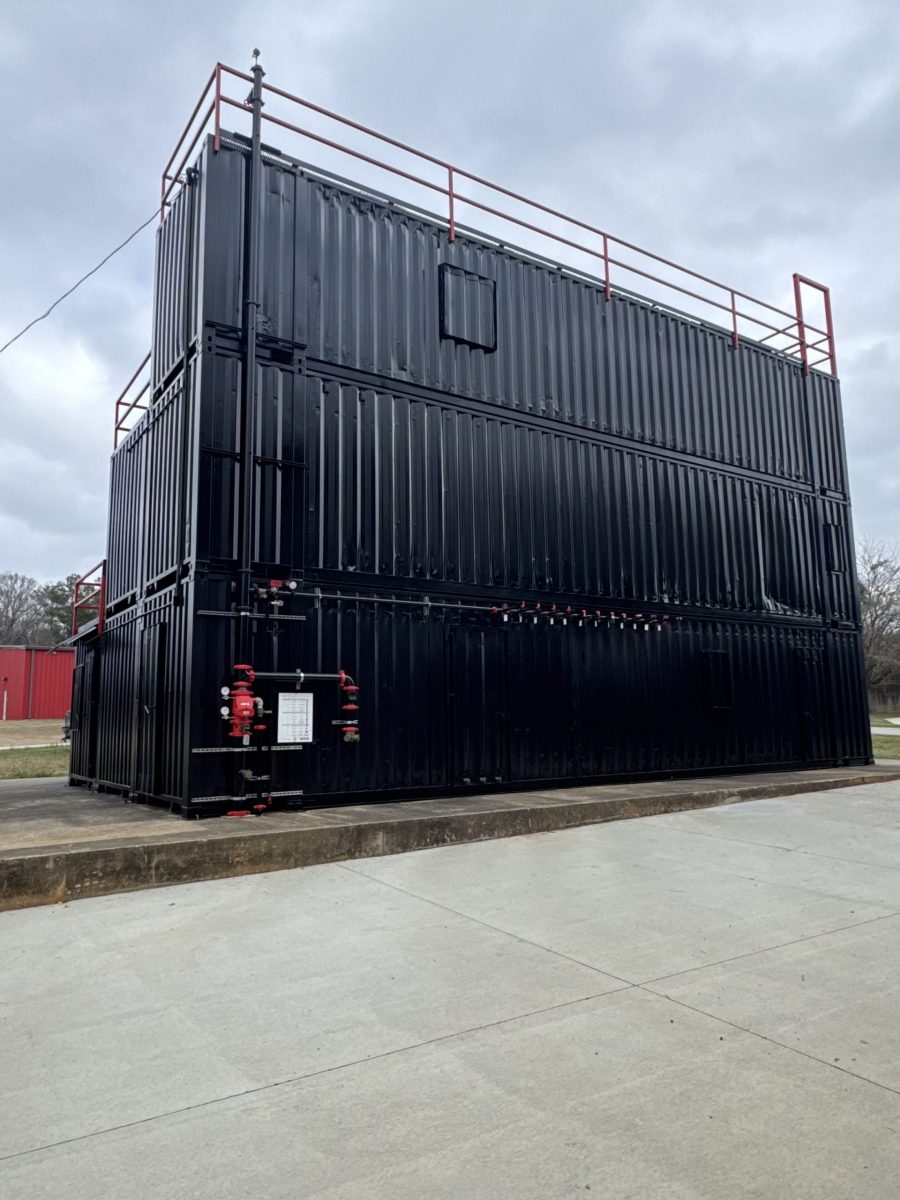 black painted metal structure with red railings Preview Image 1