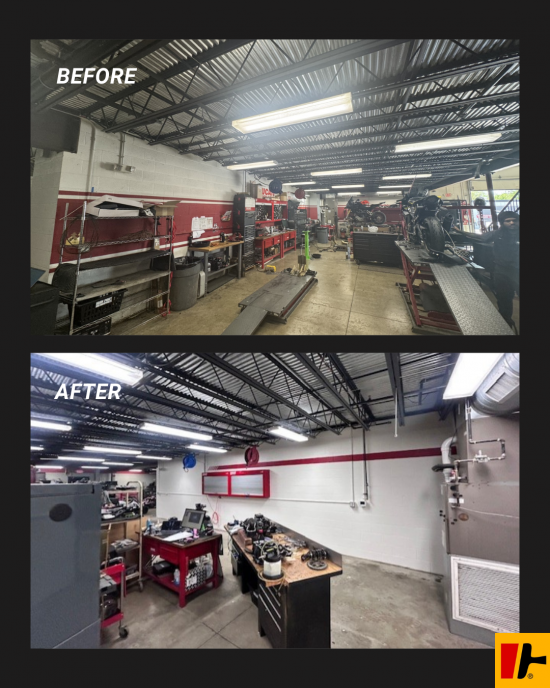 before and after of repainted auto service bay