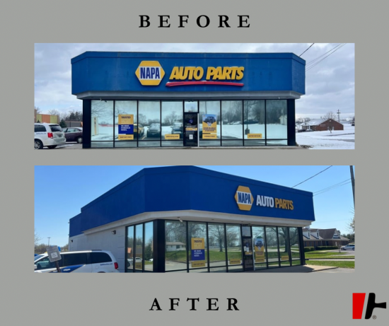 before and after views of painted auto parts store