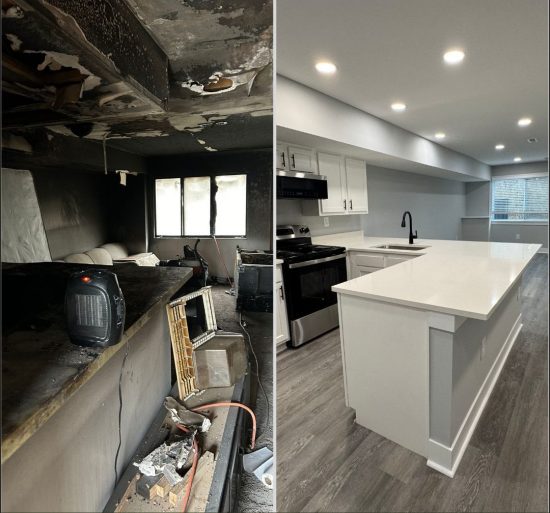 Fire Unit Demo and Rehabilitation Case Study before and after of living room and kitchen