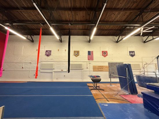 gymnasium interior after red and white repaint