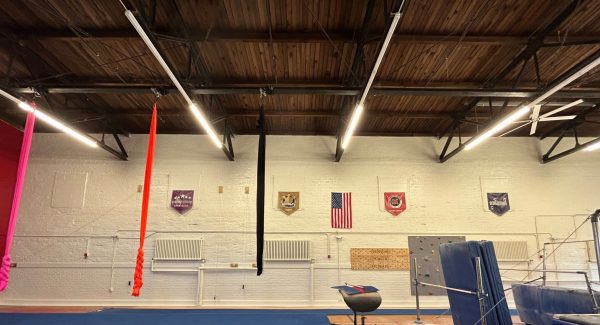 gymnasium interior after red and white repaint