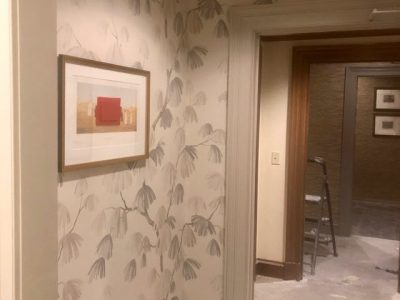 photo of commercial restroom with new wallpaper