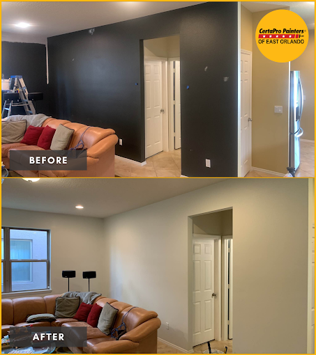 before and after of living room wall painting from black to white