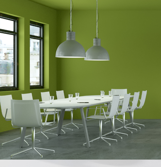 green office with white chairs