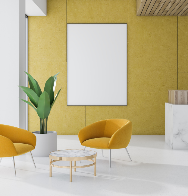 yellow office with yellow chairs