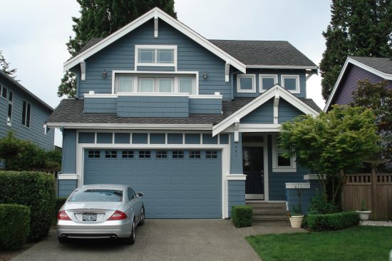 blue home exterior with white trim