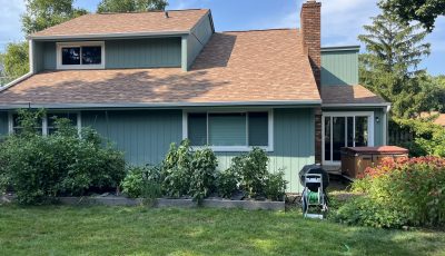 house with light green stained wooden siding