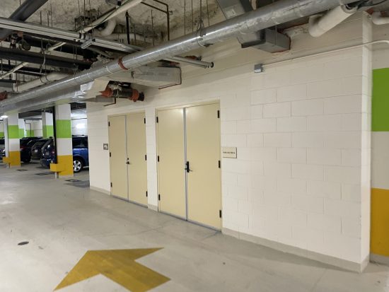 parking garage with repainted metal doors