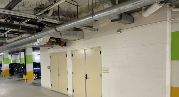 parking garage with repainted metal doors