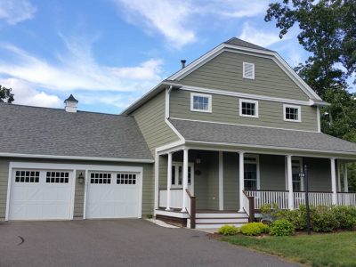 Exterior home paint scheme in gray and white.