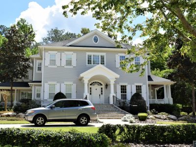 light gray exterior, white trim