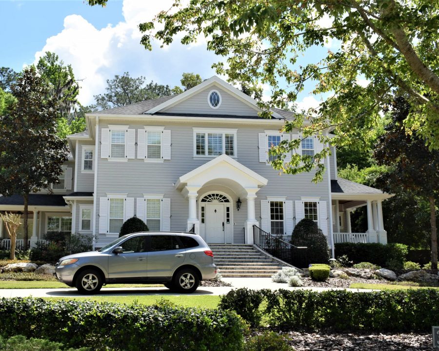 light gray exterior, white trim