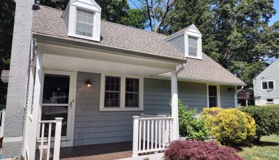 light grey house with white trim