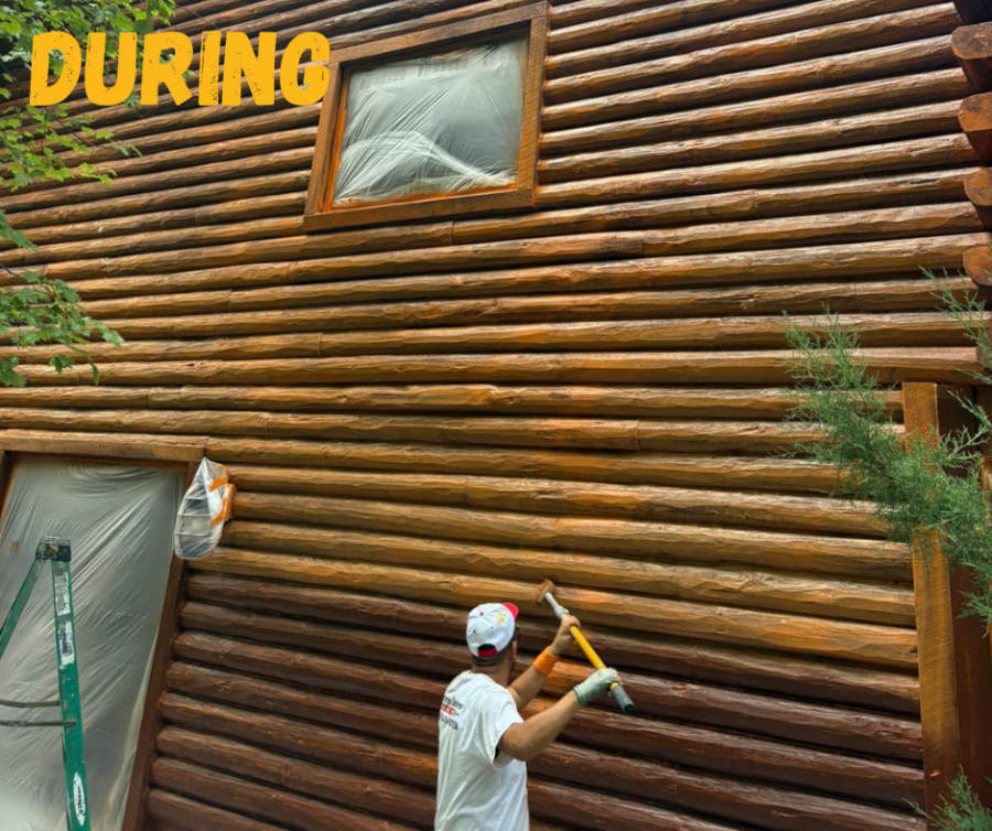 man painting exterior of log home Preview Image 3
