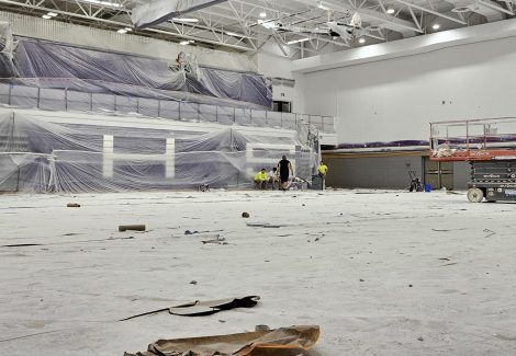 school gym covered in protective sheeting