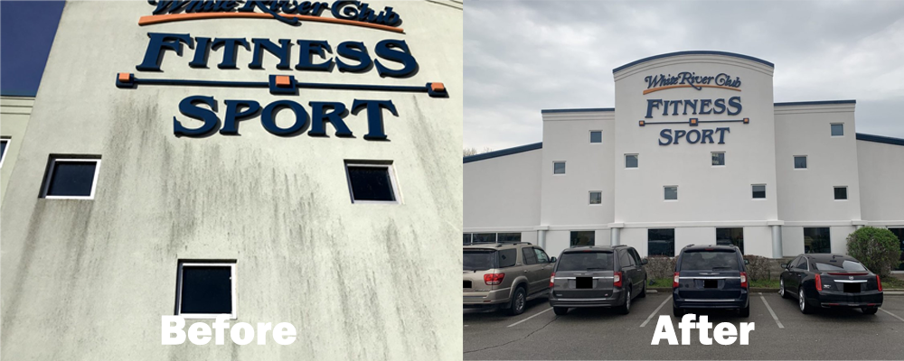 commercial exterior with fading paint, before and after in indianapolis