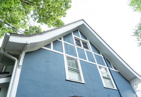 soffits and white trim on blue home