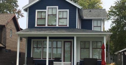 Blue Siding, Bright White Trim with Red Sash – Front of Home ...
