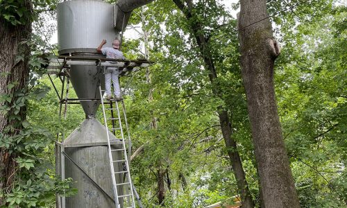 Worker inspecting tower