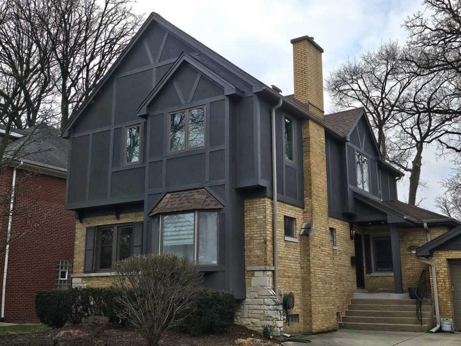 Side of dark grey exterior painting project in Western Springs. Preview Image 1
