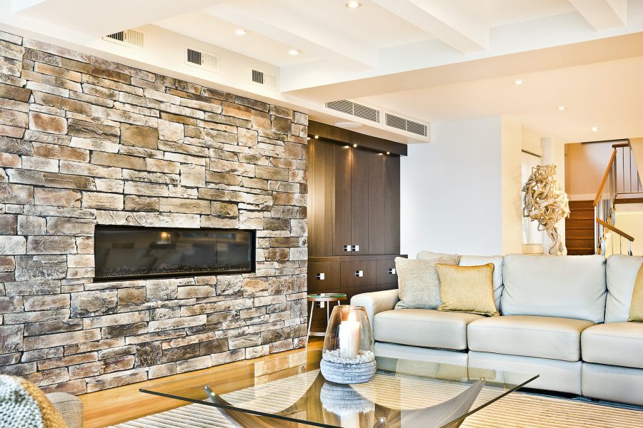 Living room built around a fireplace