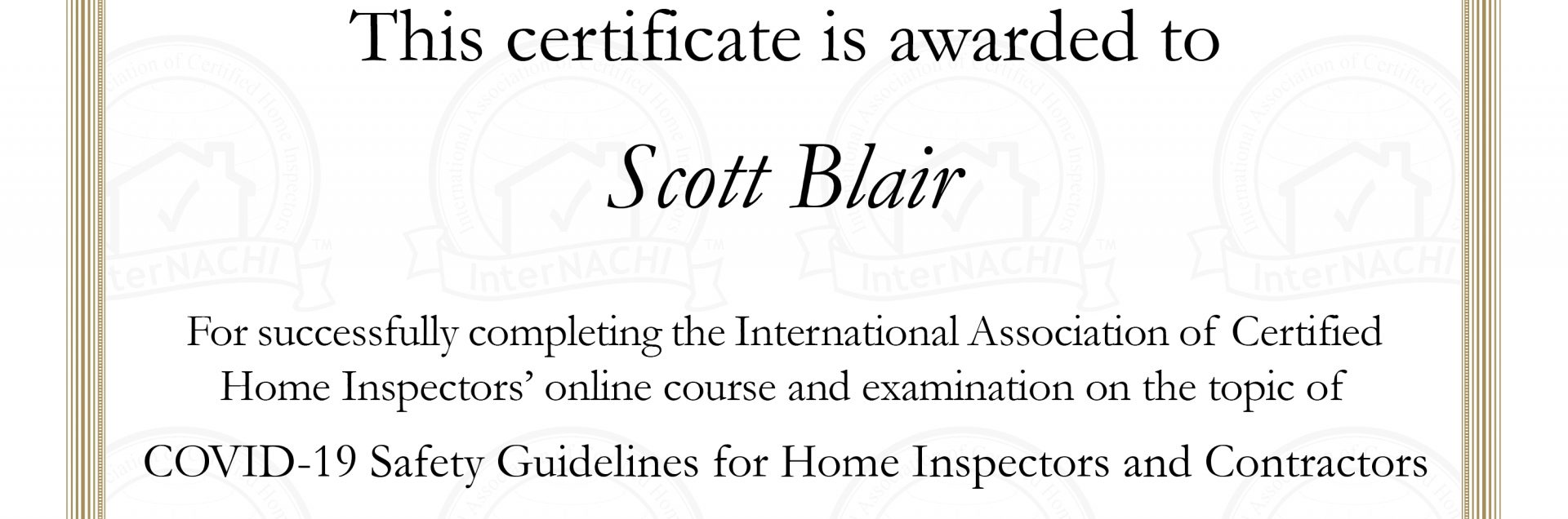 scott blair international association of home inspectors covid-19 safety guidelines certificate of completion