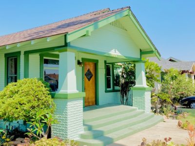Another view of the repainted porch in shades of green.